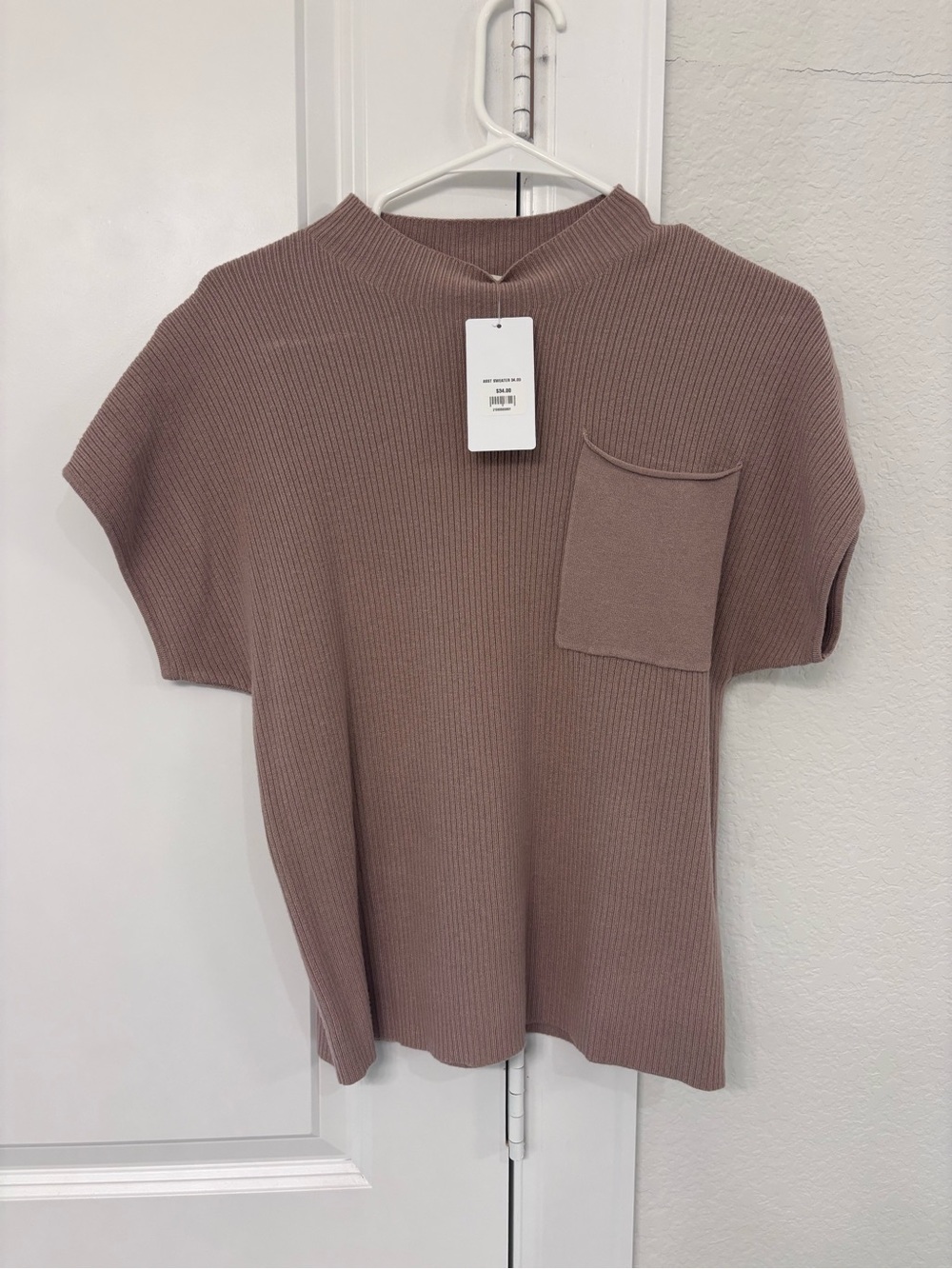 Short Sleeve Ribbed Knit Top with Chest Pocket - Mauve Taupe